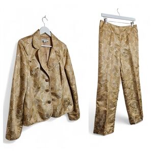 Vintage I.C.E. Gold Brocade 2PC Suit Rhinestone Button Blazer Pants 14